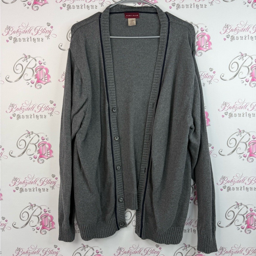 Hunt Club sweater button up black detail trim cotton Gray Cardigan Sweater